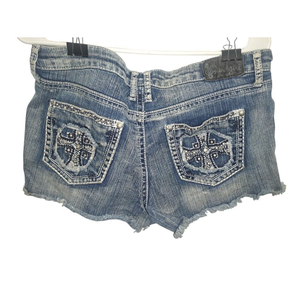 Y2K Sound Girl Distressed Embroidered Raw Hem BoHo Edgy Blue Jean Shorts 13